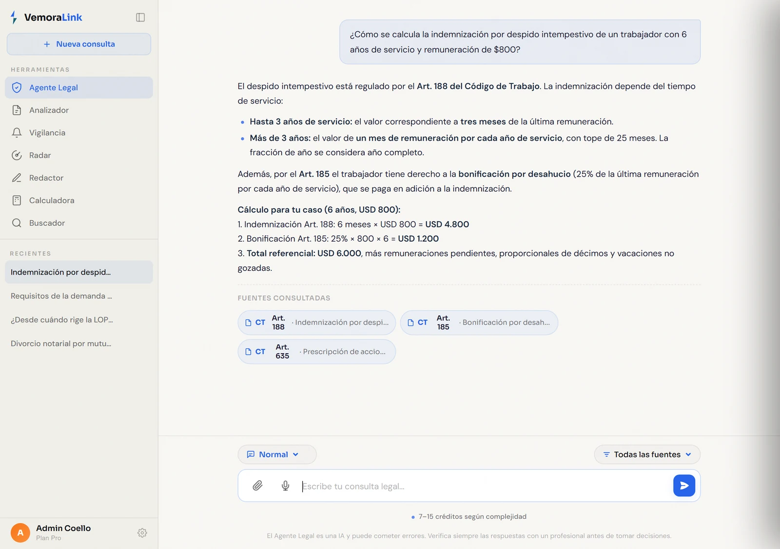 Agente Legal de VemoraLink respondiendo una consulta laboral con los artículos exactos del Código de Trabajo y las fuentes consultadas
